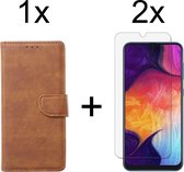 Samsung A50 Hoesje - Samsung Galaxy A50 hoesje bookcase bruin wallet case portemonnee hoes cover hoesjes - 2x Samsung A50 screenprotector