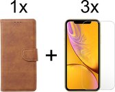 iPhone XR hoesje bookcase bruin apple wallet case portemonnee hoes cover hoesjes - 3x iPhone XR screenprotector