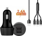 Quick Charge 3.0 dubbele USB Auto Oplader Metaal (45W) -12V / 24V Sigarettenaansteker Poort Autolader met Multi 3in1 USB-C iPhone Micro Kabel - Twee poorten - Voor Multi 3in1 USB-C iPhone Mic