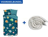 Dekbedovertrek voor Kinderen - Eenpersoons - 140x200/220cm - Inclusief 1 Kussensloop - 100% Versterkt Katoen - Space Petrol + Wasbaar Microfiber Dekbed - 140x200cm - Wit