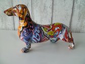 Hondenbeeldje teckel - Decoratie dierenbeeldjes - woonkamer decoratie - Street art beeldje - graffiti - 17 CM hoog