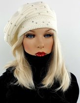 Dubbel gebreide wintermuts baret met strass stenen kleur wolwit maat one size