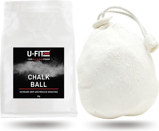 Witte poederkrijtbal en een witte zak met het label 'Chalk Ball' op een witte achtergrond.