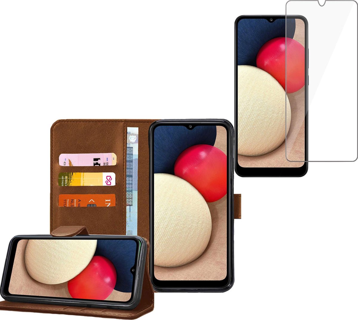 Hoesje geschikt voor Samsung Galaxy A02s - Screenprotector Glas - Book Case Portemonnee Hoesje Bruin