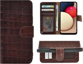 Hoesje Samsung Galaxy A03s - Bookcase - Samsung A03s Hoesje Book Case Portemonnee Wallet Echt Leder Croco Bruin Cover