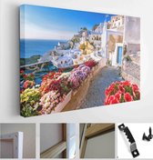 Scenic view of traditional Cycladic Santorini houses in a small street with flowers in the foreground. Location: - Modern Art Canvas - Horizontal - 632387108 - 50*40 Horizontal