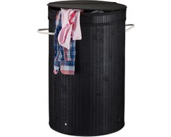 wasmand - 65 l - bamboe - met klapdeksel - handgrepen - opvouwbaar - zwart