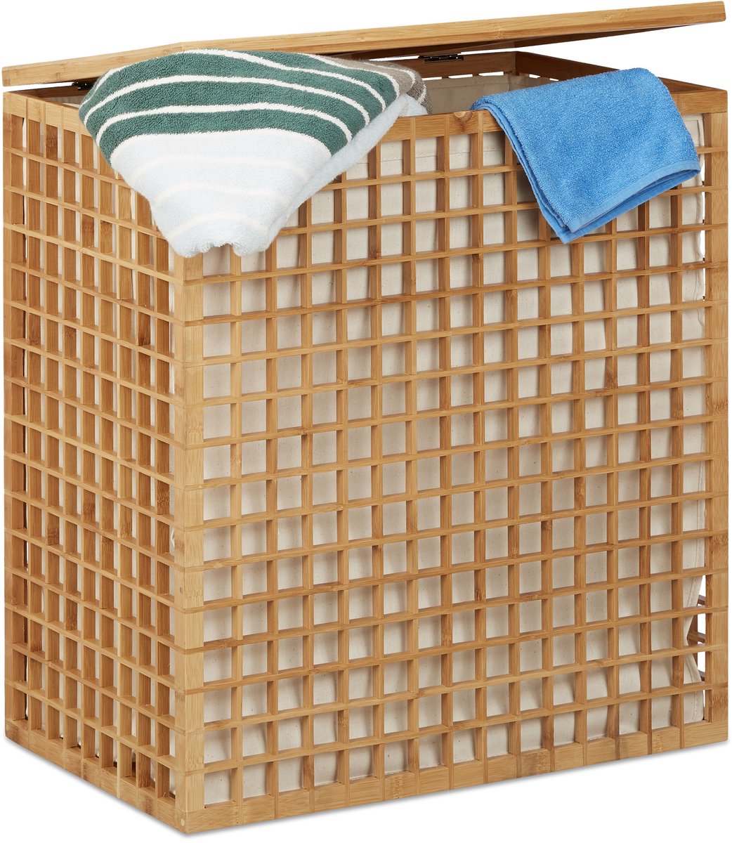 bamboe wasmand - 2 vakken - 96 l - uitneembare waszak