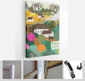 Nature, landscape, family and people. Vector illustration of a house, lake, field, view, village, tree and flowers - Modern Art Canvas - Vertical - 1898633704 - 40-30 Vertical