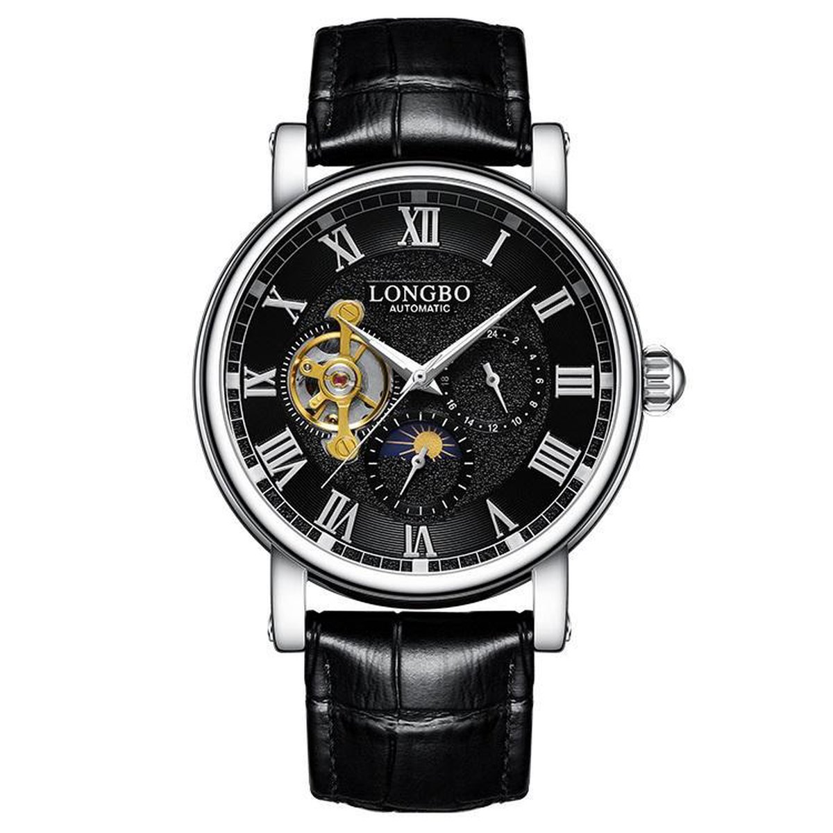 Longbo - Heren Horloge - Zwart/Zilver/Zwart - 44mm - AUTOMATIC