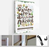 Farm, agriculture and garden. Vector illustration of garden work, garden beds, trees, village, home, tractor and nature. Drawing for poster, card or background - Modern Art Canvas - Vertical 