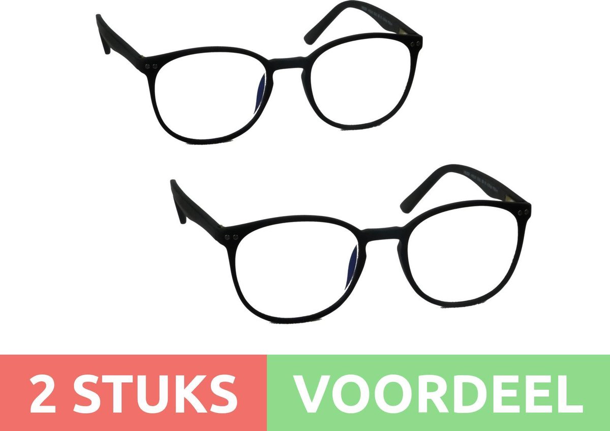 Computer bril - zwart rond sterkte +3.0 - 2 stuks - blauw licht filter - blue blocker leesbril
