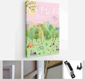 Nature. Landscape natural background cute vector illustration, people on vacation in village, picnic, forest and trees park - Modern Art Canvas - Vertical - 1377169688 - 80*60 Vert