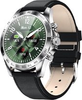 Belesy® ROYAL 2 - Smartwatch Dames - Smartwatch Heren - Horloge – Hartslag - Bloeddruk - Stappenteller - 1.28 inch - 100+ wijzerplaten - Full Touch – Zilver – Leer - Zwart