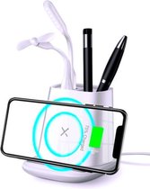 DATO® Wireless Charger iPhone/Samsung | Inclusief Lampje en Waaier | Multifunctioneel Bureau Accessoires Ventilator | Pennen/Potlood Houder | Wit