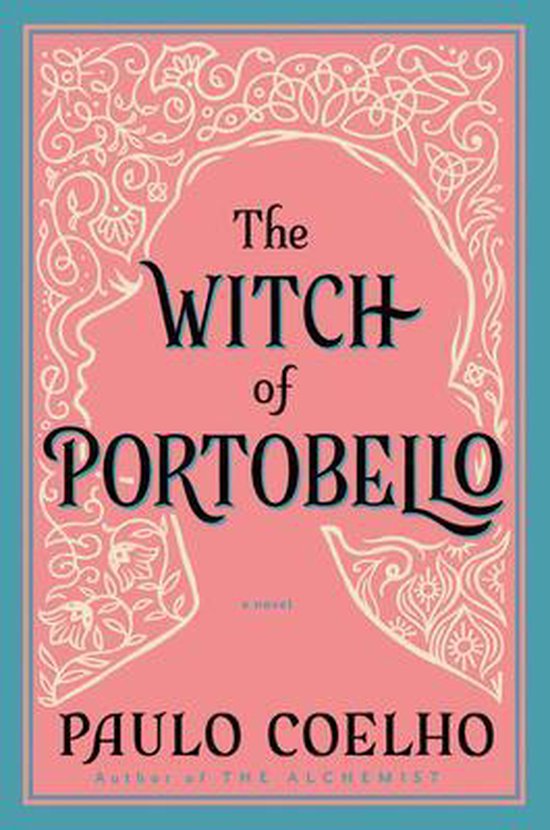 Boekhoes voor 'The Witch of Portobello' door Paulo Coelho. De kaft is roze met een gedetailleerde profielsilhouet van een vrouw en sierlijke bloemmotieven.