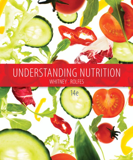 Titel 'Understanding Nutrition' op een rode band met verse groenten zoals tomaten, komkommer en sla.