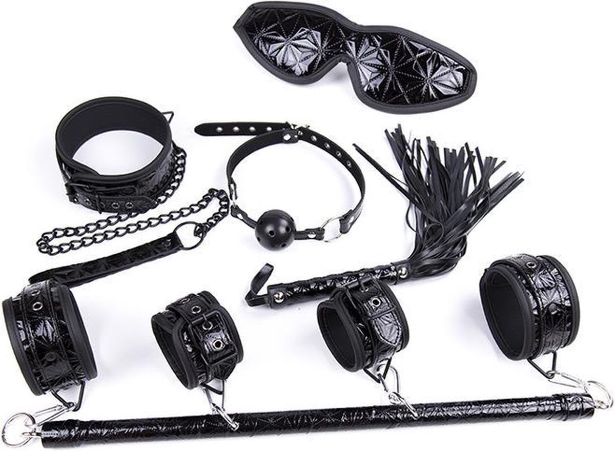 Goedkoopste BDSM-set met Spreidstang Blinddoek Zweepje Halsband Lei Gag - Hoge Kwaliteit Leer - 10-delig - Zwart