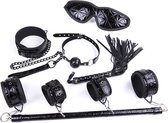 BDSM-set met Spreidstang Blinddoek Zweepje Halsband Lei Gag - Hoge Kwaliteit Leer - 10-delig - Zwart