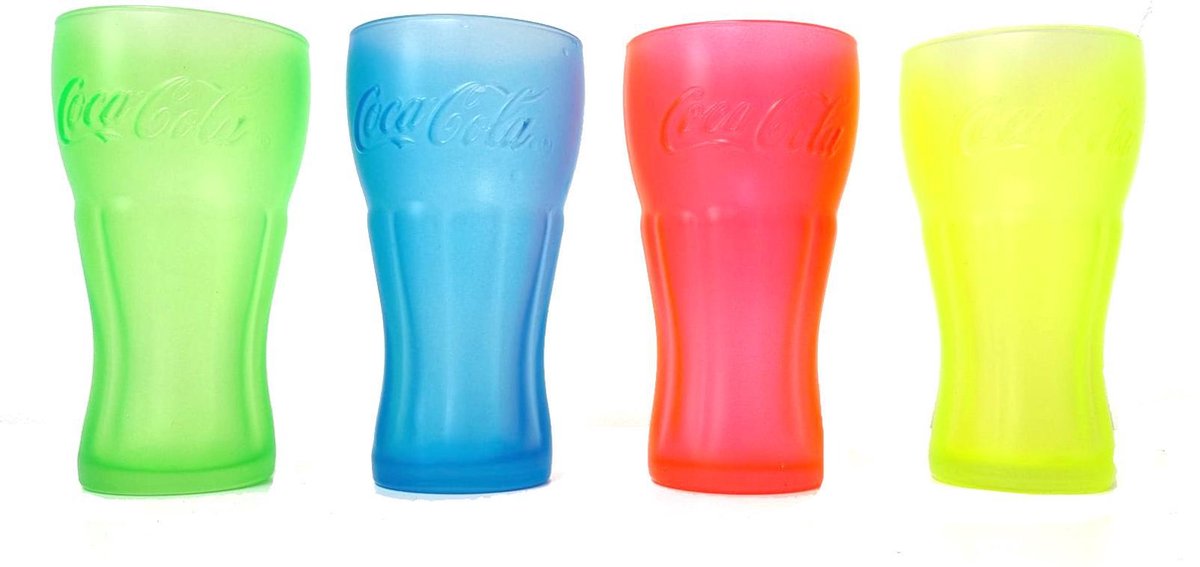 Coca Cola Neon Gekleurde glazen 4 stuks Roze / Geel / Groen / Blauw