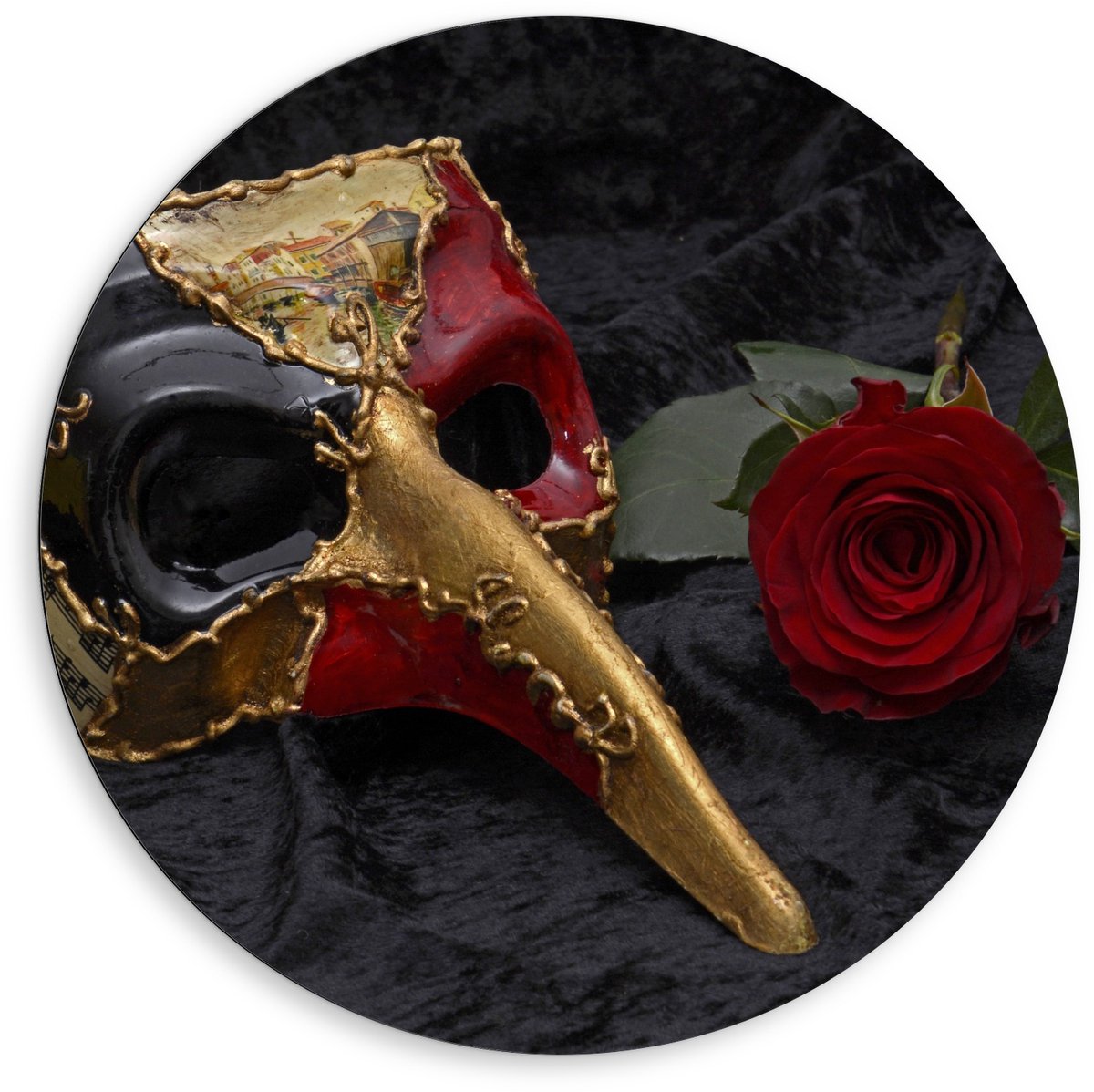 Dibond Wandcirkel - Goud/Rood Masker met Rode Roos - 80x80cm Foto op Aluminium Wandcirkel (met ophangsysteem)