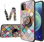 Voor Samsung Galaxy A22 Geschilderd Etnisch Patroon Gehard Glas TPU Schokbestendig Hoesje met Opvouwbare Magnetische Houder & Nekband (Geruit)