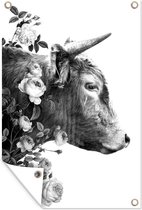 Muurdecoratie Zijaanzicht schotse hooglander met bloemen - zwart wit - 120x180 cm - Tuinposter - Tuindoek - Buitenposter