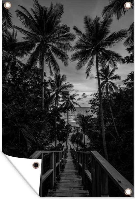 Muurdecoratie Zonsondergang met palmbomen in Phuket - zwart wit - 120x180 cm - Tuinposter - Tuindoek - Buitenposter
