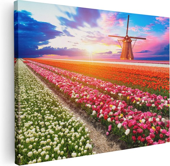 Artaza Canvas Schilderij Kleurrijke Bloemenveld Met Een Windmolen - 40x30 - Klein - Foto Op Canvas - Canvas Print