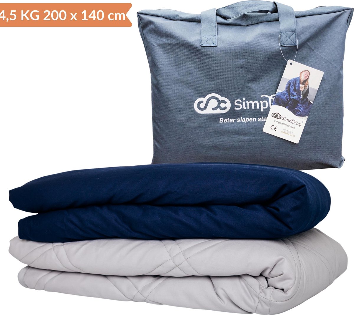 Simply Cosy Verzwaringsdeken Set Katoen 4,5 KG Weighted Blanket Beter Slapen – Wasbare Hoes Katoen – 200 x 140 – Donkerblauw Katoen Blauw 4,5 KG