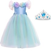 Assepoester jurk Prinsessen jurk licht blauw vlinders Luxe 110-116 (120) + blauwe kroon verkleedjurk verkleedkleding carnavalskleding