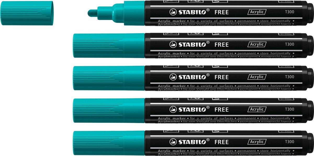 STABILO FREE - Acryl Marker - T300 - Ronde Punt - 2-3 mm - Turquoise Groen - Doos 5 stuks