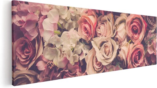 Artaza Canvas Schilderij Roze Rozen Achtergrond - Retro - Bloemen - 120x40 - Groot - Foto Op Canvas - Canvas Print