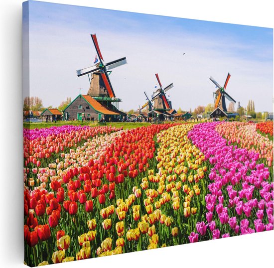 Artaza Peinture sur toile Tulipes colorées Champ de fleurs - Moulin à vent - 80x60 - Photo sur toile - Impression sur toile