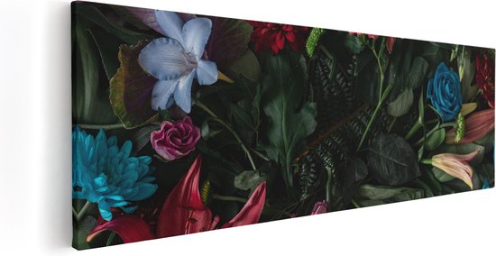 Artaza Canvas Schilderij Kleurrijke Bloemen Met Groene Bladeren - 60x20 - Foto Op Canvas - Canvas Print