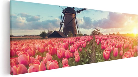 Artaza Canvas Schilderij Roze Tulpen Bloemenveld - Met Windmolen - 90x30 - Foto Op Canvas - Canvas Print