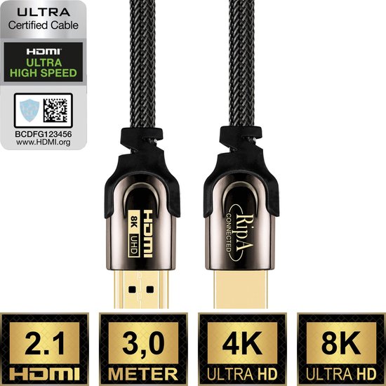 Ripa Connected HDMI Kabel 2.1 - 3M - Ultra HD 4K 8K eARC - HDMI naar HDMI - PS4 PS5