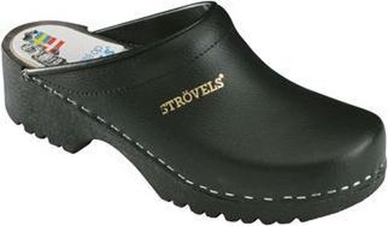 Zwarte St rövels klomp met goudkleurig logo en stiksels.