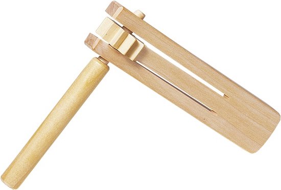 Houten ratel met een ronde handgreep en een mechanisme van tandwielen die geluid maken wanneer gedraaid.