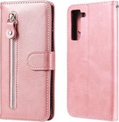Voor Samsung Galaxy S21 FE Mode Kalf Textuur Rits Horizontale Flip Lederen Case met Houder & Kaartsleuven & Portemonnee (Rose Goud)