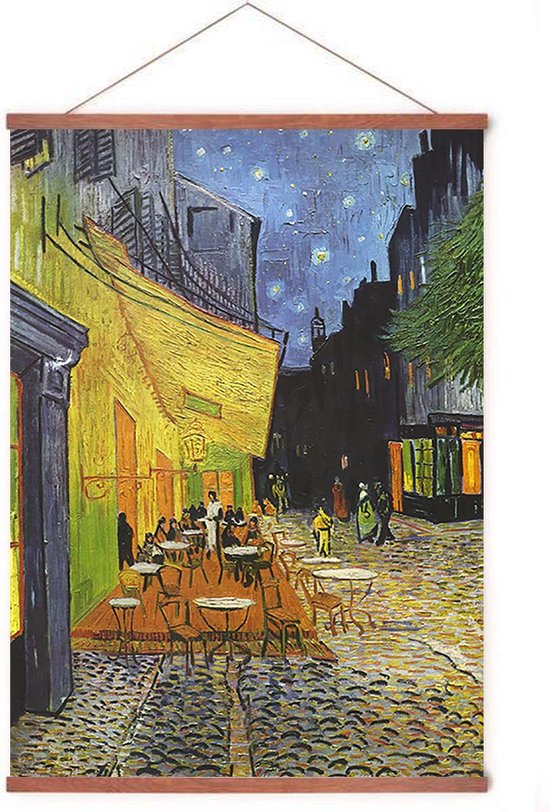 Poster In Posterhanger - Caféterras bij Nacht - Kader Hout - Van Gogh - 70x50 cm - Kunst - Ophangsysteem