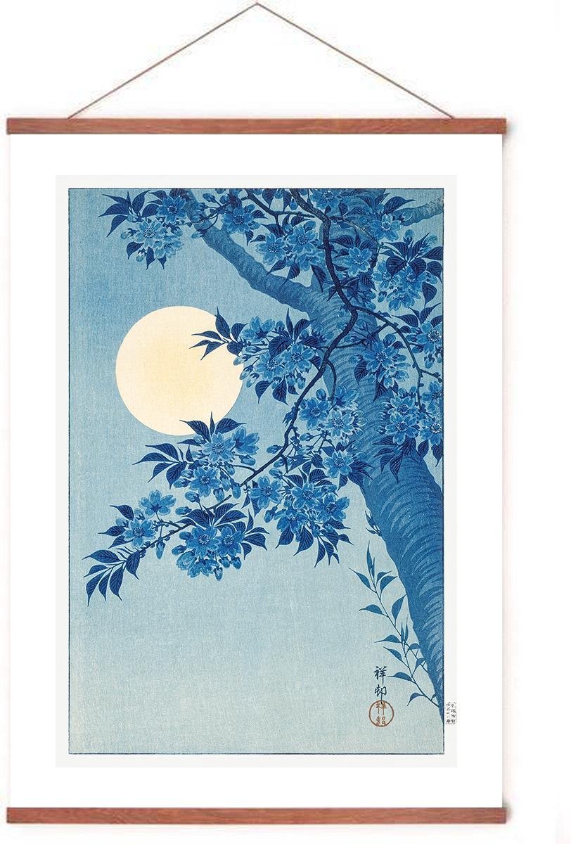 Esque Poster In Posterhanger - 'Bloeiende Kers in het Maanlicht' - Kader Hout - Ohara Koson - 70x50 cm - Kunst - Ophangsysteem Blauw