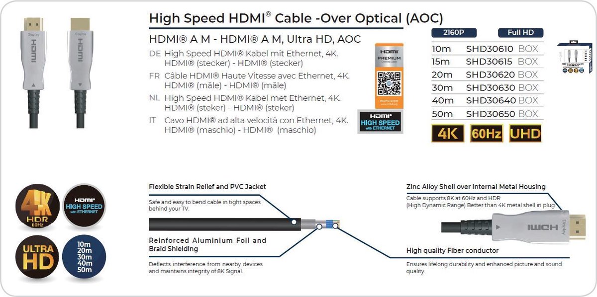 Sinox SHD30610 - HDMI sur câble optique / fibre optique 4K / HDR - longueur  10 m.