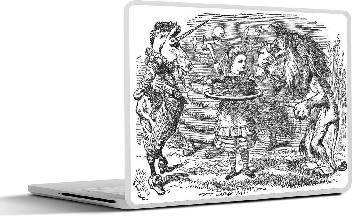 Afbeelding van product SleevesAndCases  Laptop sticker - 10.1 inch - Vintage tekening Alice met een pruimentaart - zwart wit