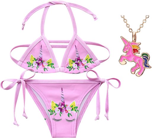 Eenhoorn bikini Unicorn bikini licht roze 3-4 jaar (100) + ketting Eenhoorn jurk verkleedkleding