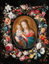 Allernieuwste Canvas Schilderij Madonna met Kind en Bloemenkrans - Religie - Kleur - 50 x 70 cm