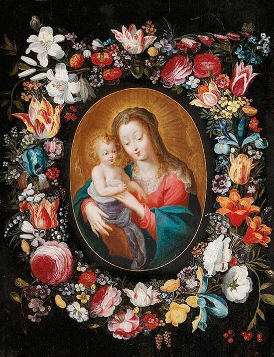 Allernieuwste Canvas Schilderij Madonna met Kind en Bloemenkrans - Religie - Kleur - 50 x 70 cm