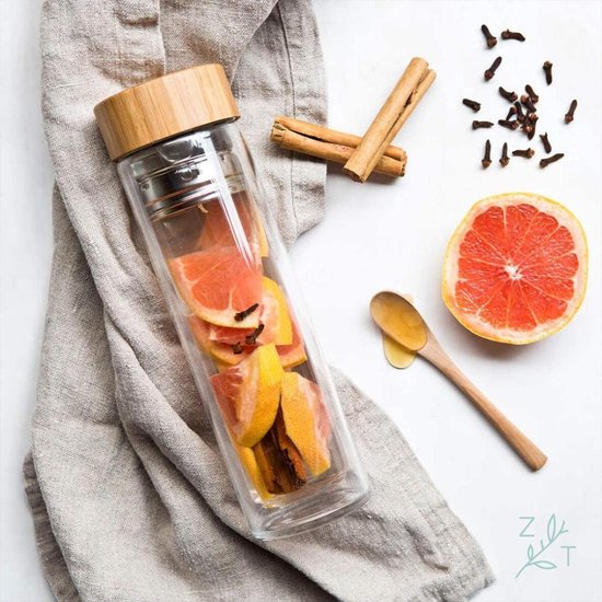 ZijTak - Dubbelwandige drinkfles - Waterfles -  Glas - Bamboe deksel - Transparant - 450 ml - Theefilter - Theefles - Filter - Glazen fles