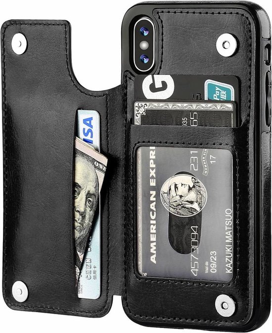 ShieldCase Wallet case geschikt voor Apple iPhone X / Xs - Inclusief screenprotector (Tempered Glass) - Leren bookcase met ruimte voor meerdere pasjes - Klaphoesje - Te gebruiken als standaard - zwart