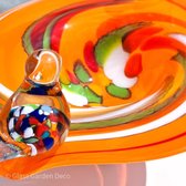 Glass Garden Deco - Tuindecoratie - Handgemaakte glassculptuur - Vogelbad + 2 vogels - Oranje